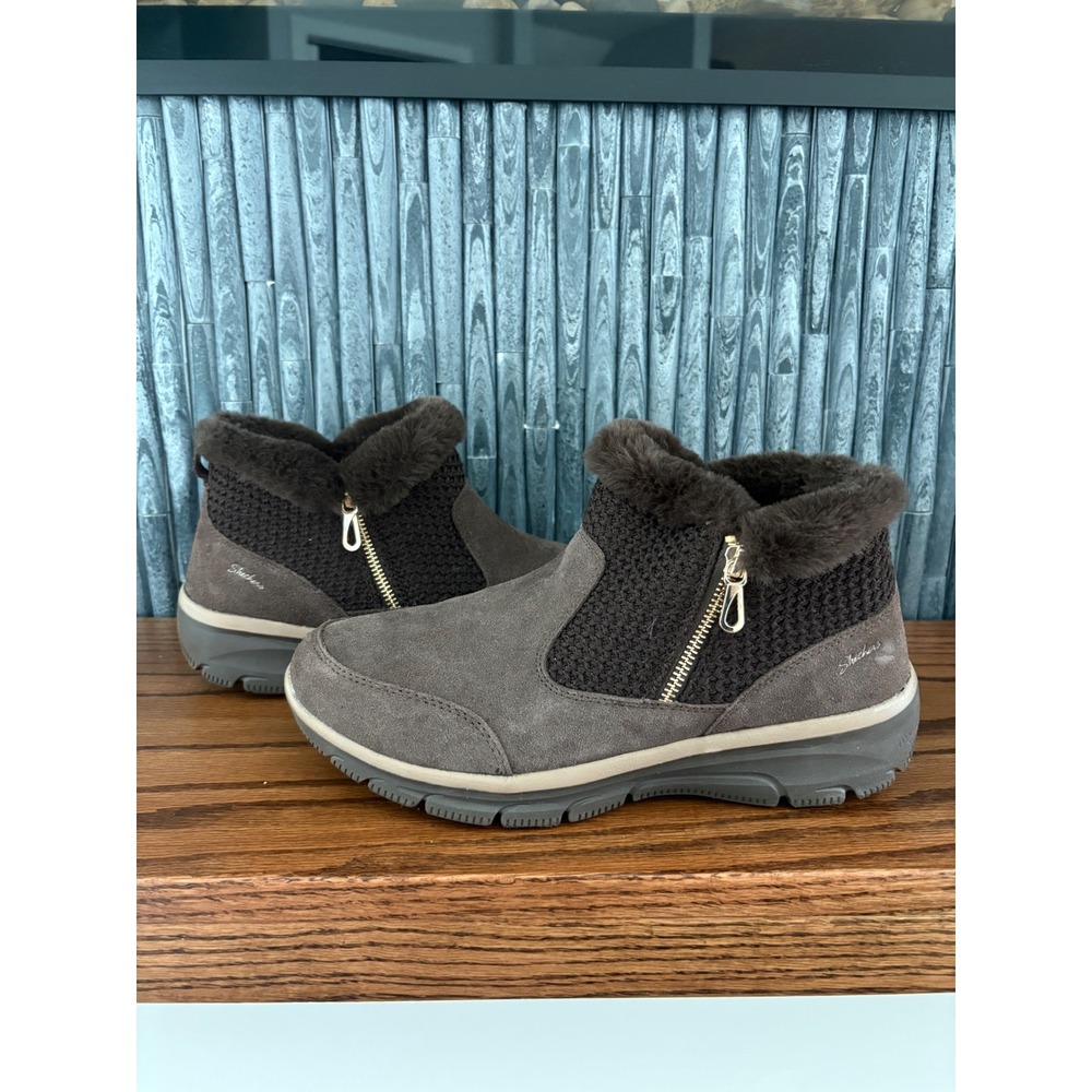 Skechers Relaxed Fit Brown Suede Knit Faux Fur Zip Ankle Boots 169108 woman 11